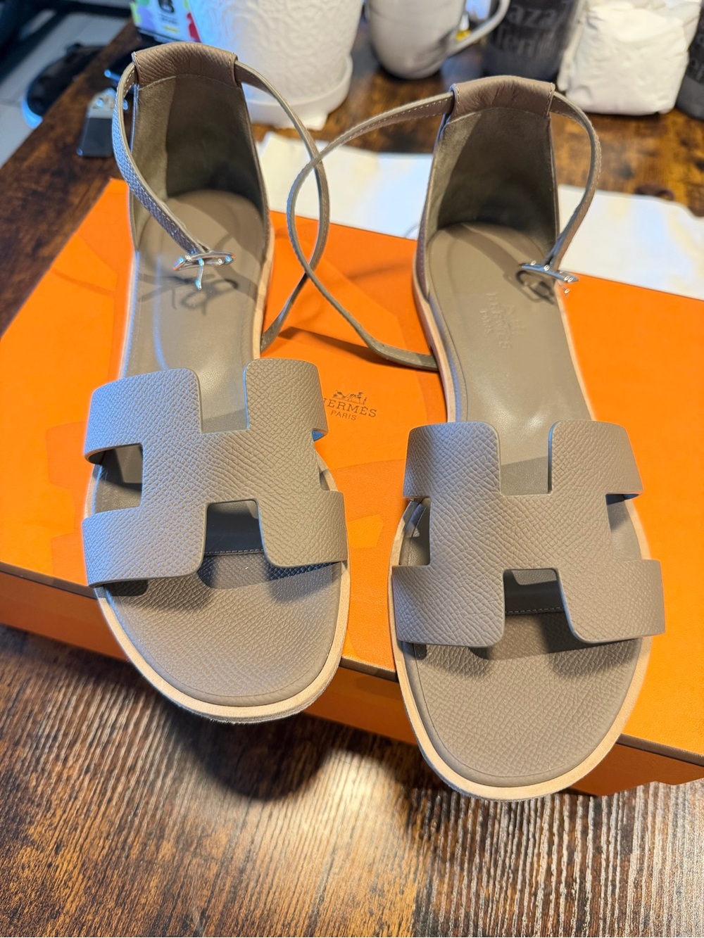 Hermes Taupe Leather Oran H-Strap Flat Sandals